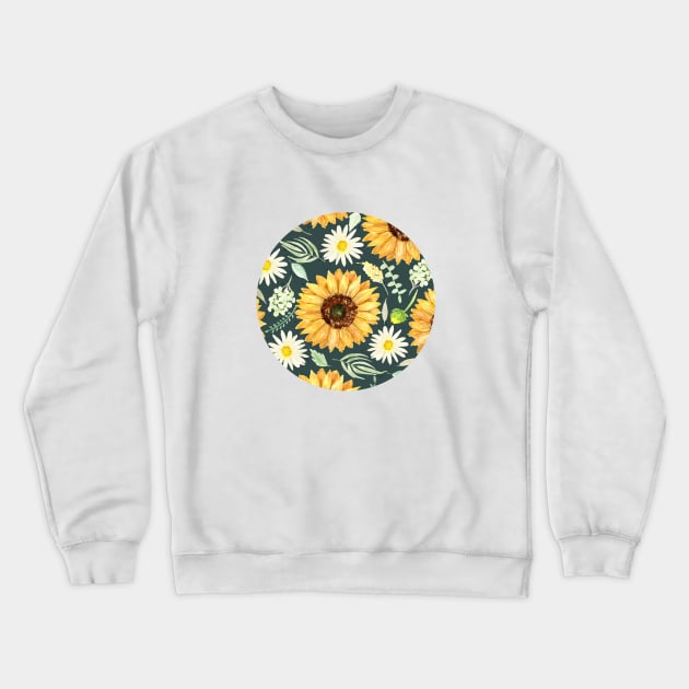 Sunflowers and Daisies | Watercolor | Green | Pattern Crewneck Sweatshirt by Harpleydesign